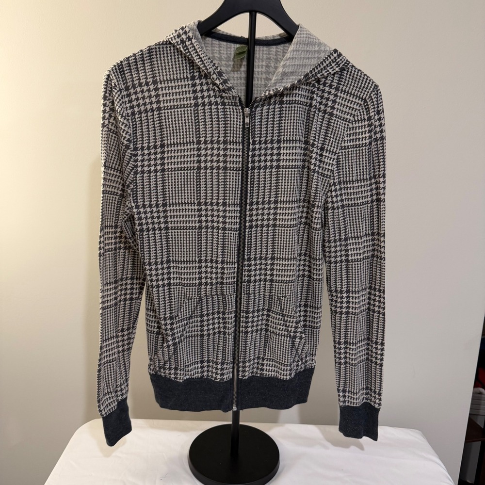 Alternative Earth Womens XS Houndstooth Plaid Full Zip Hoodie Black White Grey